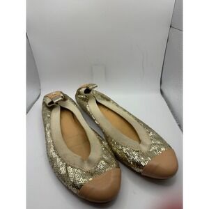 Chanel Gold Sequin Cap Toe Ballet Flats CC Logo Leather Trim Made in Italy 37.5